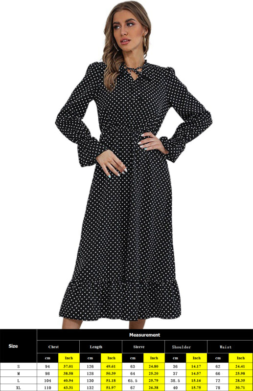 Polka Dot Long Sleeve V-Neck Dress with Waist Tie – Retro Spring Look