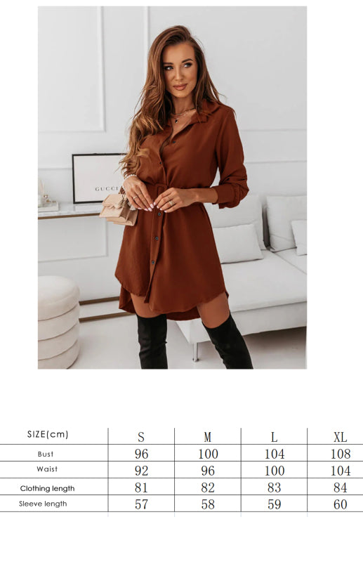 Long Sleeve Lapel Collar Shirt Dress – Casual Solid Color Mid-Length Style
