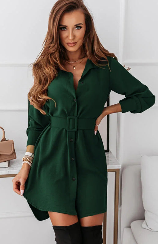 Long Sleeve Lapel Collar Shirt Dress – Casual Solid Color Mid-Length Style