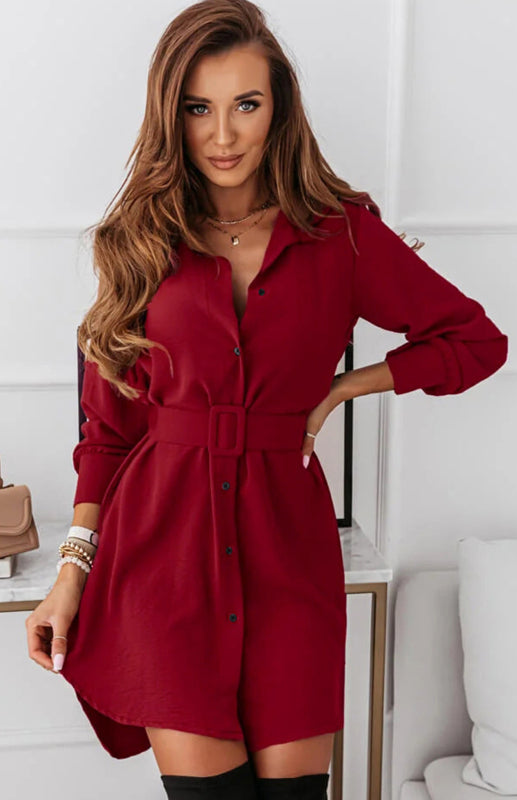 Long Sleeve Lapel Collar Shirt Dress – Casual Solid Color Mid-Length Style