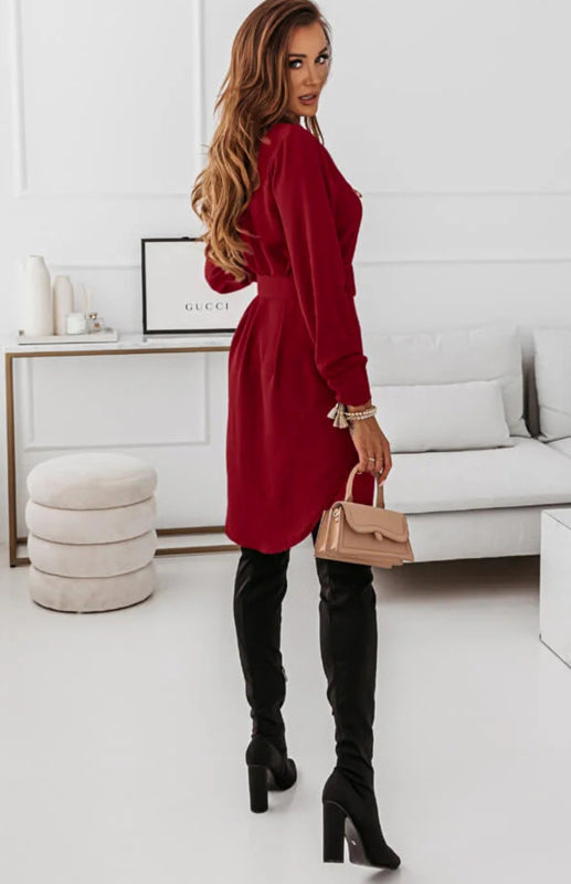 Long Sleeve Lapel Collar Shirt Dress – Casual Solid Color Mid-Length Style