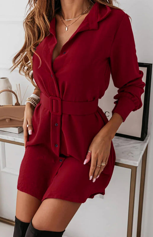 Long Sleeve Lapel Collar Shirt Dress – Casual Solid Color Mid-Length Style