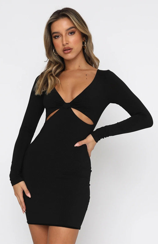 Slim Long Sleeve Cocktail Dress with Deep V-Neck & Hollow Design