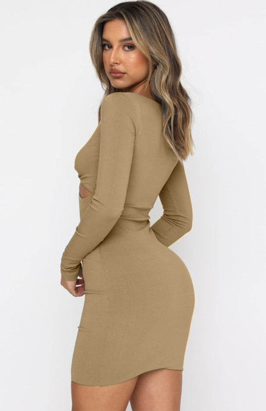 Slim Long Sleeve Cocktail Dress with Deep V-Neck & Hollow Design