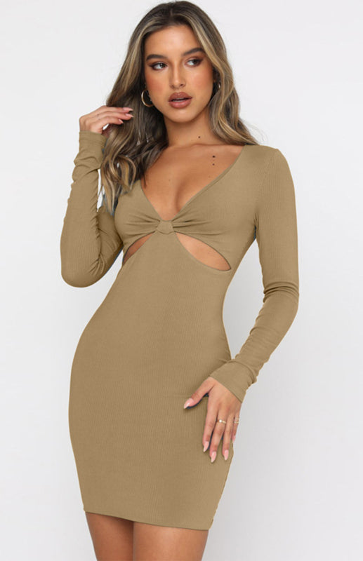 Slim Long Sleeve Cocktail Dress with Deep V-Neck & Hollow Design