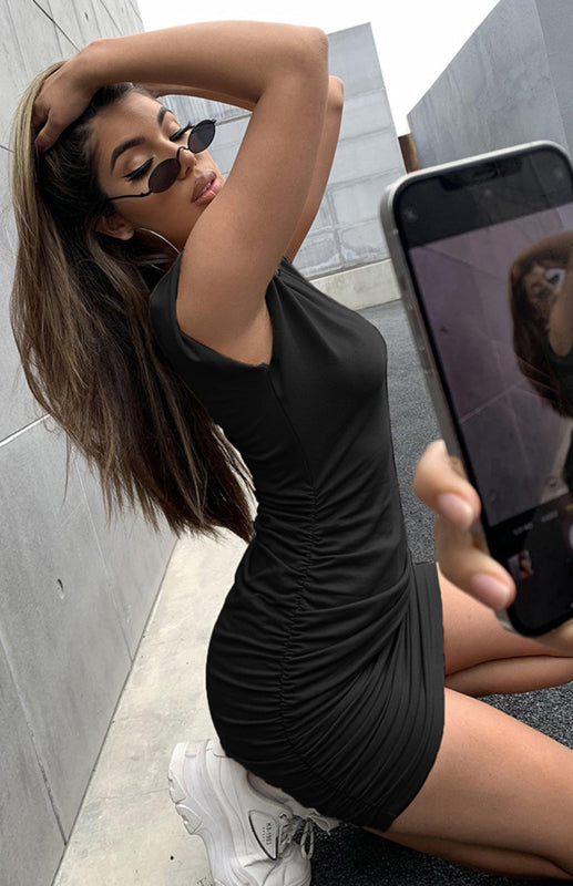 Sleeveless Irregular Shredded Pleated Hip Dress – Sexy Round Neck Knit Midi