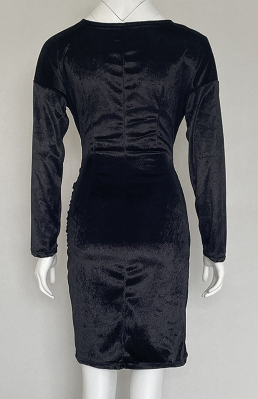 Velvet V-Neck Slim Fit Cocktail Dress – Long Sleeves & High Waist