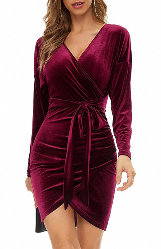 Velvet V-Neck Slim Fit Cocktail Dress – Long Sleeves & High Waist