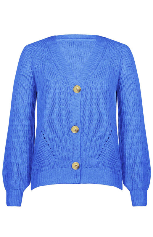 V-kaula-aukollinen lyhtyhihainen neulejakku