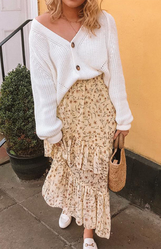 V-kaula-aukollinen lyhtyhihainen neulejakku