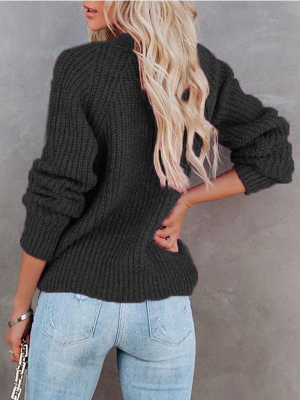 V-Neck Button-Up Knit Sweater