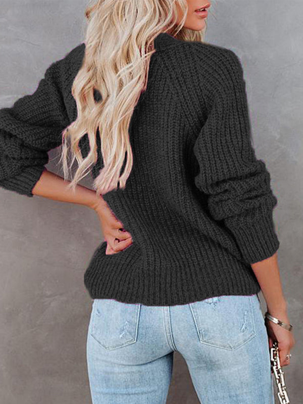 V-Neck Button-Up Knit Sweater