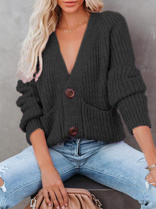V-Neck Button-Up Knit Sweater Black