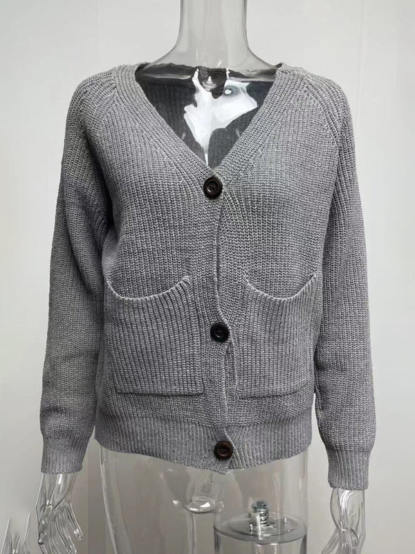 V-Neck Button-Up Knit Sweater