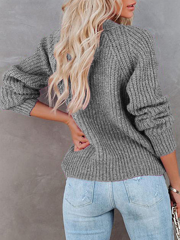 V-Neck Button-Up Knit Sweater