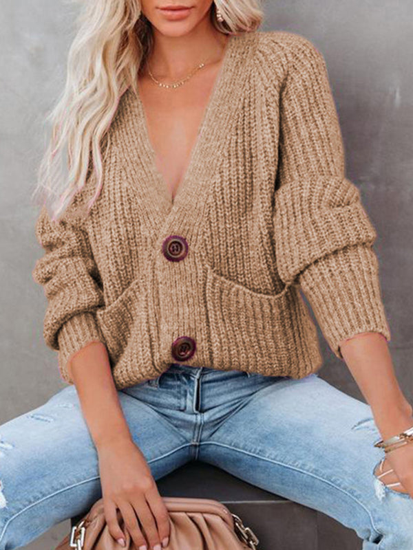 V-Neck Button-Up Knit Sweater Khaki
