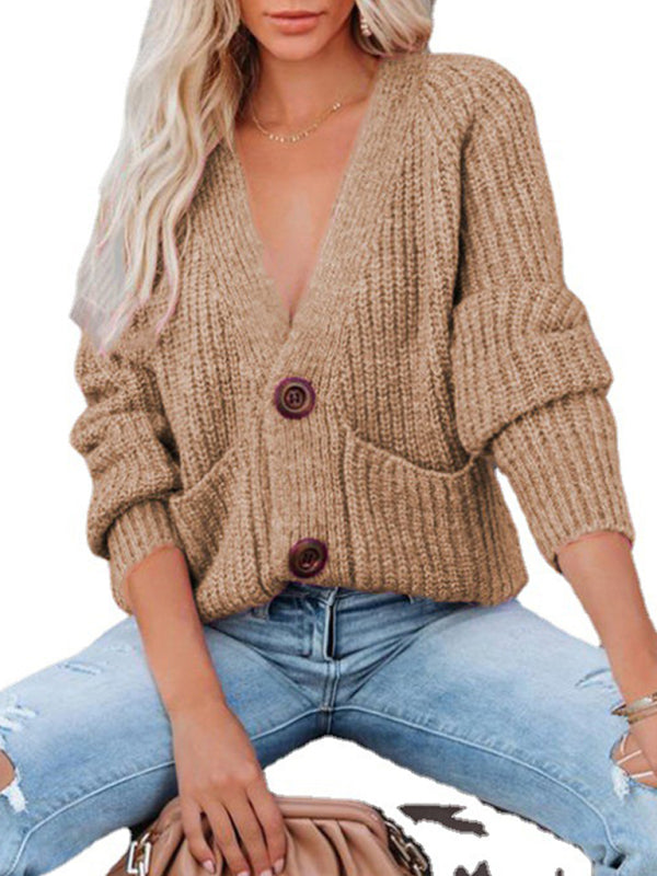 V-Neck Button-Up Knit Sweater