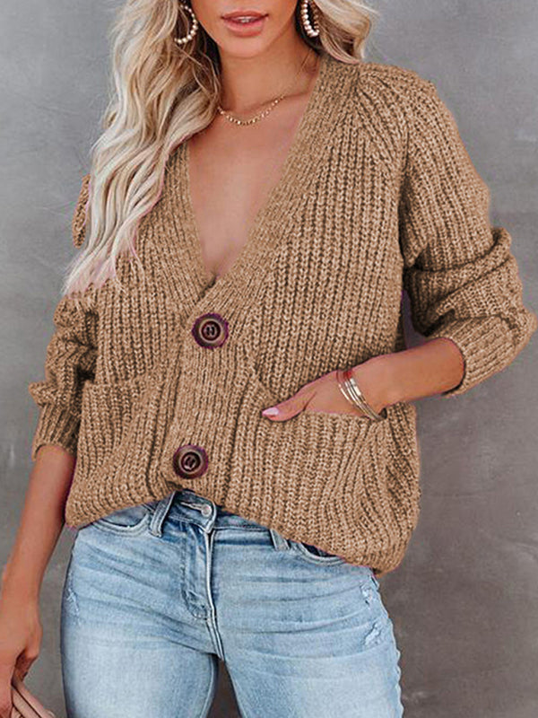 V-Neck Button-Up Knit Sweater