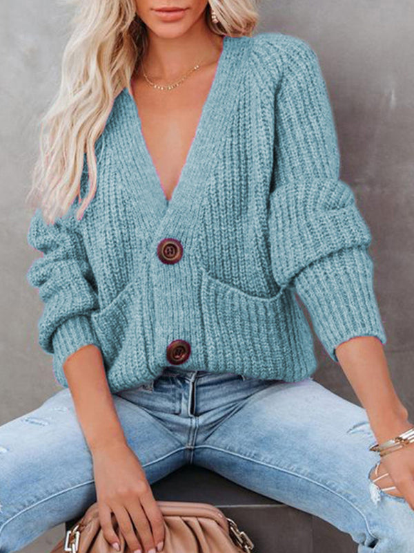 V-Neck Button-Up Knit Sweater Clear blue