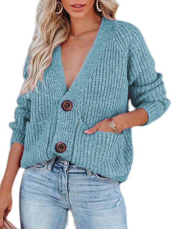 V-Neck Button-Up Knit Sweater
