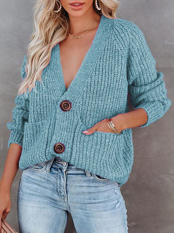 V-Neck Button-Up Knit Sweater