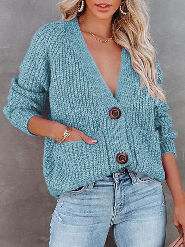 V-Neck Button-Up Knit Sweater