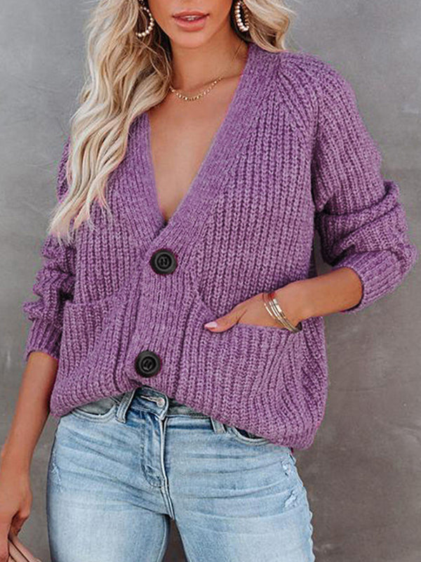 V-Neck Button-Up Knit Sweater