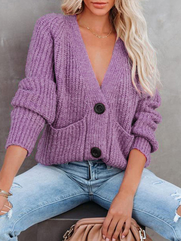 V-Neck Button-Up Knit Sweater