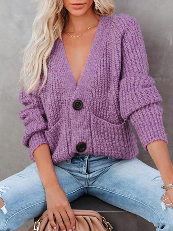 V-Neck Button-Up Knit Sweater Purple