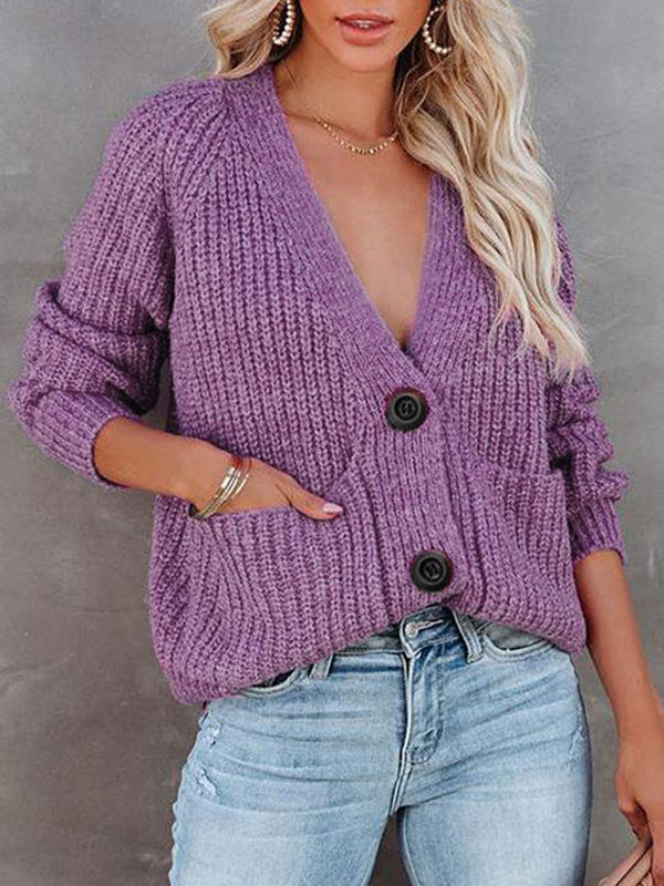 V-Neck Button-Up Knit Sweater