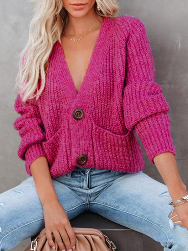 V-Neck Button-Up Knit Sweater Rose