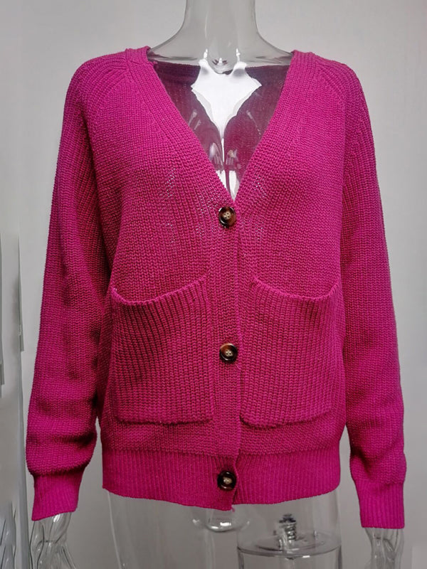 V-Neck Button-Up Knit Sweater