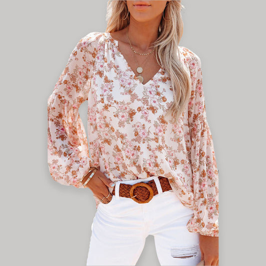 Floral Chiffon V-Neck Lantern Sleeve Blouse