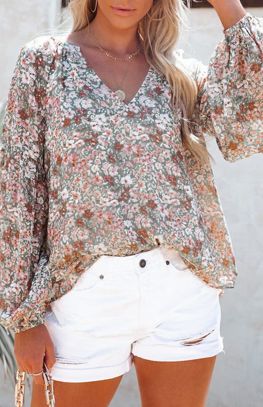 Floral Chiffon V-Neck Lantern Sleeve Blouse