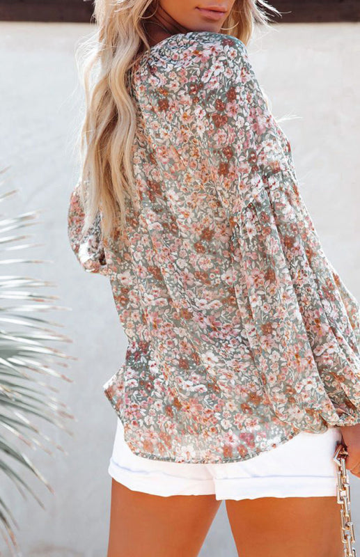 Floral Chiffon V-Neck Lantern Sleeve Blouse