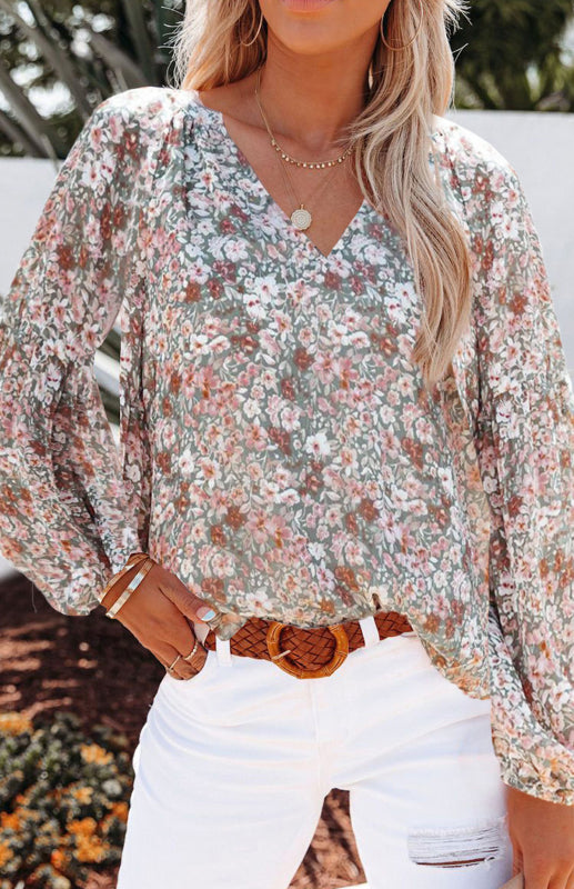 Floral Chiffon V-Neck Lantern Sleeve Blouse