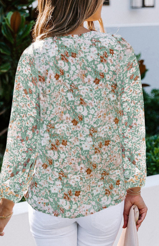 Floral Chiffon V-Neck Lantern Sleeve Blouse