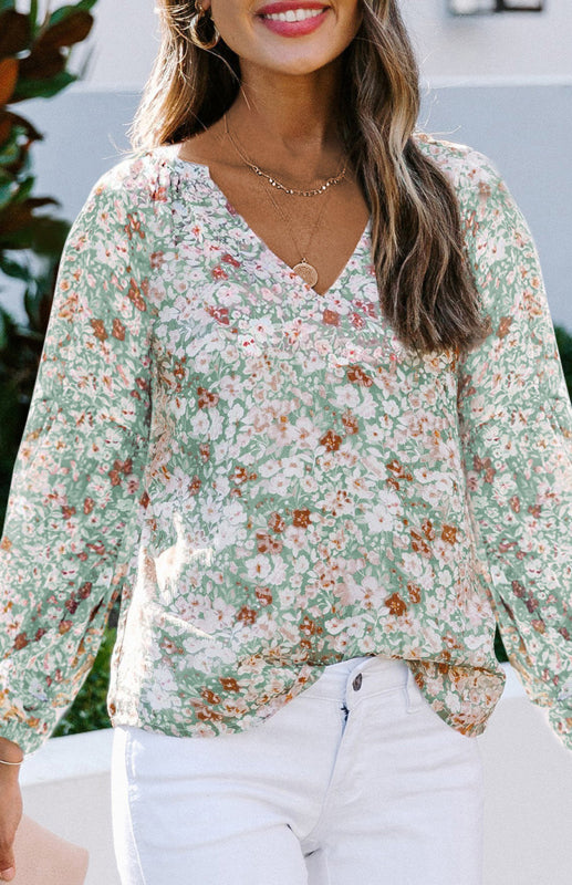 Floral Chiffon V-Neck Lantern Sleeve Blouse