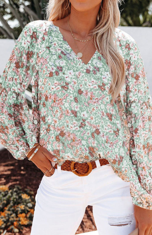 Floral Chiffon V-Neck Lantern Sleeve Blouse