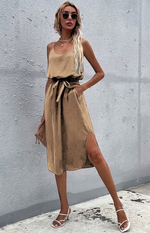 Sleeveless Belted Midi Dress – Solid Bohemian Style for Spring & Summer