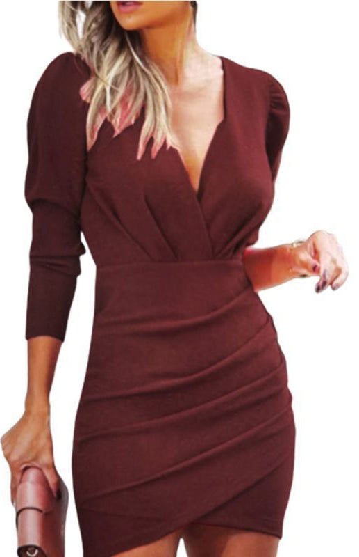 V-Neck Slim Fit Pleated Cocktail Dress with Slit – Long Sleeve Spring Party Dress