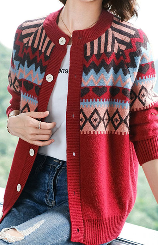 Geometric Knit Button-Up Cardigan Red One size