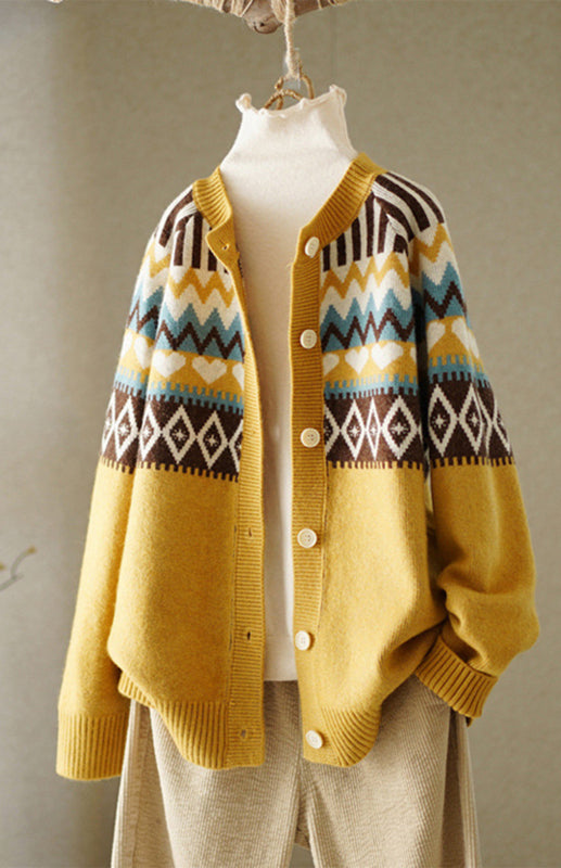Geometric Knit Button-Up Cardigan Yellow One size
