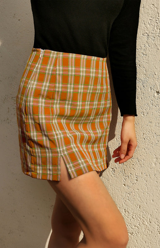 Plaid High Waist Wrap Skirt with Side Split