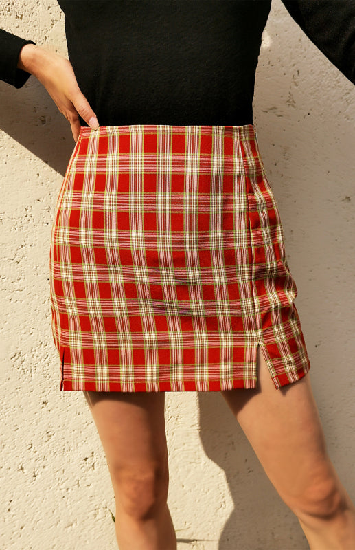 Plaid High Waist Wrap Skirt with Side Split