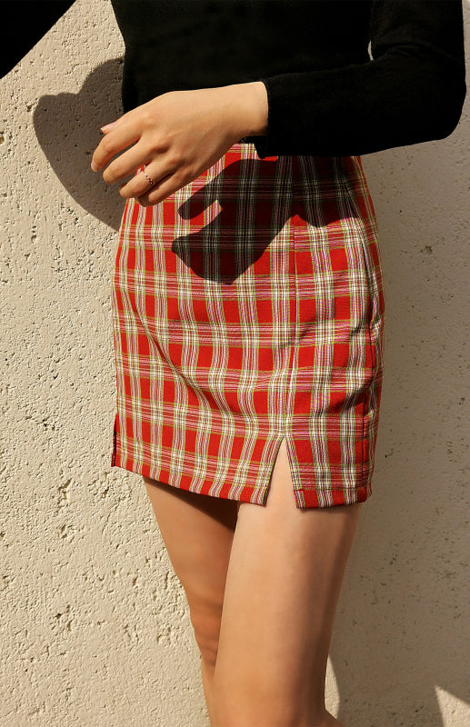 Plaid High Waist Wrap Skirt with Side Split