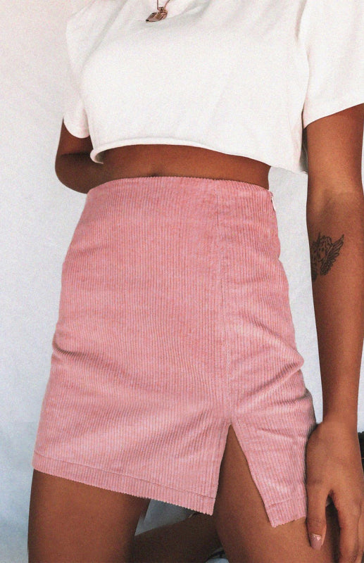 Spódnica A-linia z wysokim stanem z sztruksu z rozcięciem z przodu