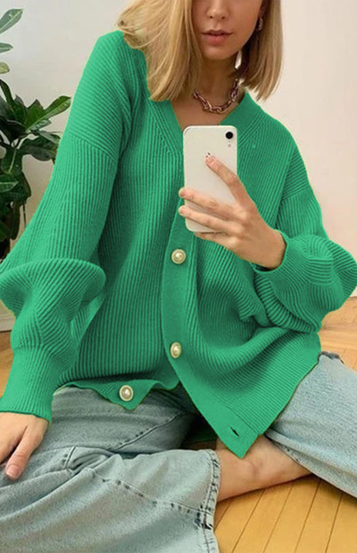 Candy Color Loose Knit V-Neck Cardigan Green One size