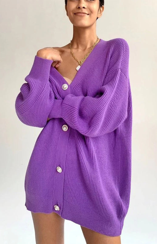 Candy Color Loose Knit V-Neck Cardigan Purple One size