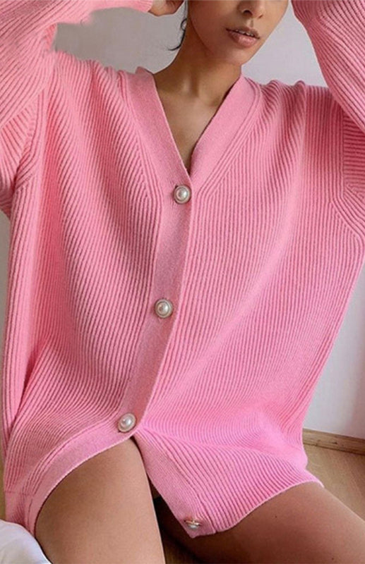 Candy Color Loose Knit V-Neck Cardigan Pink One size